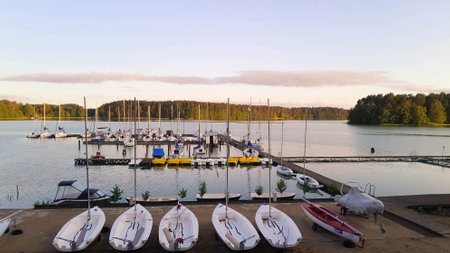 Marina on Wdzydzkie Lake at early morning. Beautiful nature of Kashubia.の写真素材