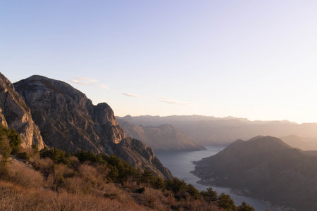 View of fjord and Lovcen Mountains in Montenegro. Beauty of nature.の写真素材