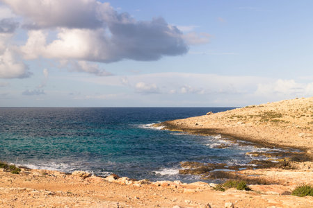 Desert, coastal area on Malta. Marfa Peninsula. Mediterranean sea.の写真素材