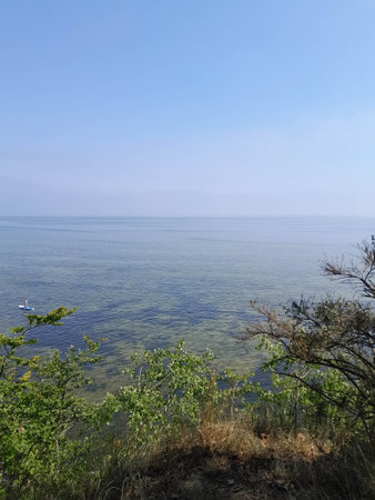 Seascape of Baltic Sea crystal water, seaweed and sea bottom. Space over the horizon.の写真素材