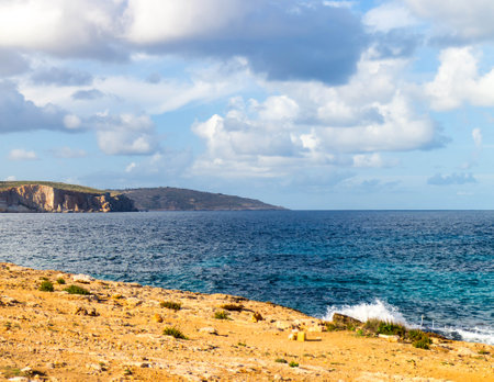 Desert, coastal area on Malta. Marfa Peninsula. Mediterranean sea.の写真素材