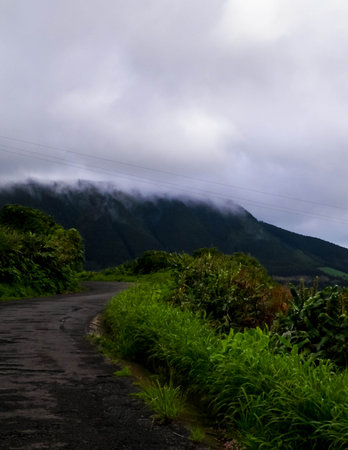 Road across mountain area, Sao Miguel, Azores islands. Beautiful nature of small archipelago on Atlantic Ocean. The Azores ilands are an autonomous region of Portugal.の写真素材