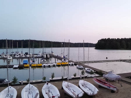 Marina on Wdzydzkie Lake at early morning. Beautiful nature of Kashubia.の写真素材