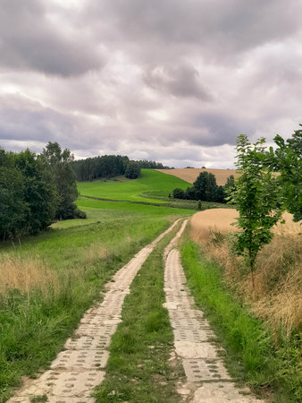 Dark clouds over meadow in Kashubia. Rainy weather coming. Beautiful nature of northern Poland.の写真素材
