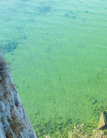 Transparent water of Lake Ohrid as nature background. Ohrid is the oldest lake in Europe. Mediterranean nature, copy space.の写真素材