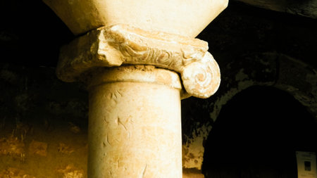 Ancient lonic column. Ochrid City, Macedonia. Architecture and history concept.の写真素材