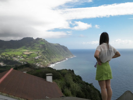 Woman traveler exploring Sao Miguel Island. Amazing nature of Azores.
