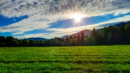 Beautiful view of the Polish Bieszczady Mountains on a sunny day. Discovering the beauty of the Carpathians.の写真素材