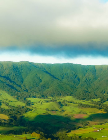 Breathtaking view of mountains on Sao Miguel near Caldeira do Alferes. Beauty of Azorian...