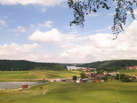 Summer landscape of Kashubia. Agriculture, hills and closed ski slopes in summer.の写真素材