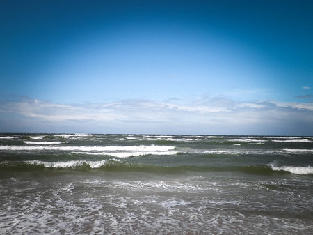Breathtaking view of the Baltic Sea. Incoming storm. Copy space on sky.の写真素材