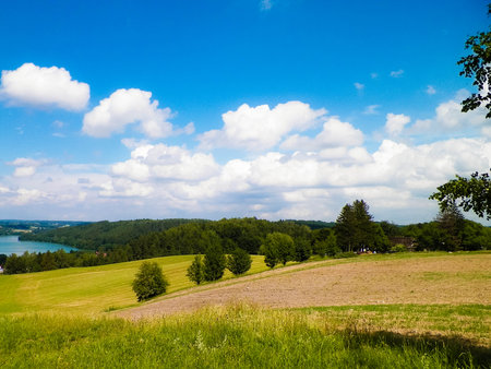 Beautiful view of Ostrzyckie Lake and hills of Wiezyca Region, Pomerania, Kashubia, Poland.の写真素材