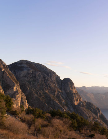 View of fjord and Lovcen Mountains in Montenegro. Beauty of nature.の写真素材