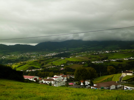 Beautiful nature of Azores. Small villages and deep natural green on Sao Miguel Island.の写真素材