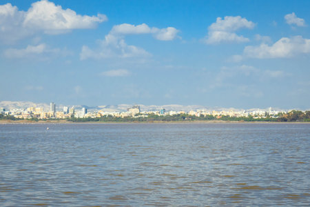 Lake Larnaca ob Cyprus. Salt lake near city of Larnaca. Natural habitat of flamingo birds.の写真素材