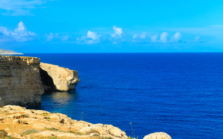 Mediterranean sea view from the cliffs on the Marfa peninsula. Malta Island.の写真素材