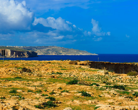 Mediterranean sea view from the cliffs on the Marfa peninsula. Malta Island.の写真素材