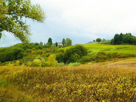 Autumn in Italy - Tuscan fields and hills on a cloudy day. Copy space on cloudy sky.の写真素材