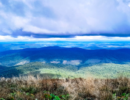 Beautiful view of Bieszczady from top of the mountain. Mountain tourism.の写真素材