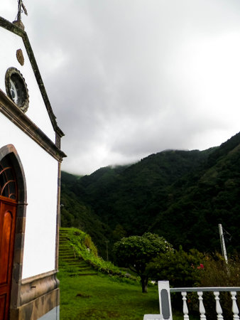 Small church in tropical forest on Sao Miguel Islandの写真素材