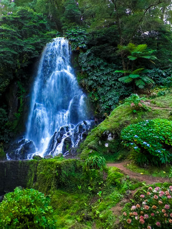 Beautiful waterfall on Sao Miguel. Beauty of nature.の写真素材