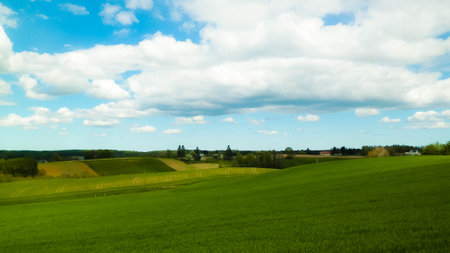 Green fields and hills in Wiezyca, Kashubian Region. Wiezyca is a touristic area in Poland