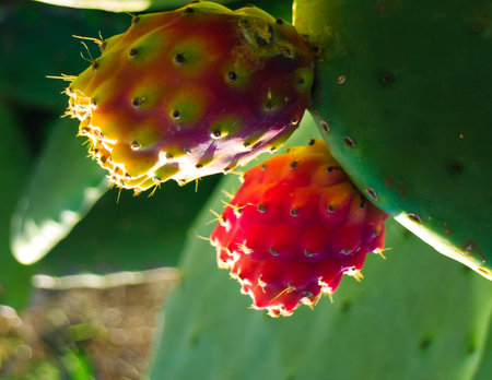 Close up of fruits of prickly pear. Tasty fruits of desert plant.