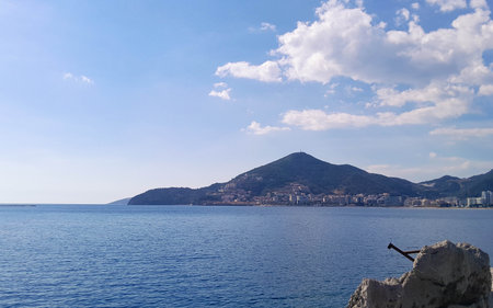 Tourists enjoying view of coast near Zvala. Spring in Montenegro. Travel concept.の写真素材