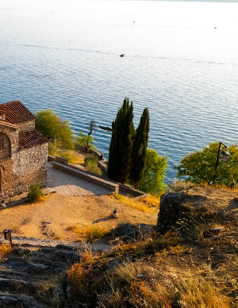 Monastery of St. John at Kaneo. Architecture, tourism and religion concept. Church of St. John at Kaneo is one of the most characteristic churches at Ohrid Lake coast, and placed in a City of Ohrid.の写真素材