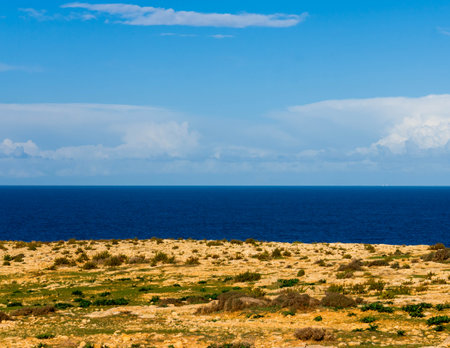 Mediterranean sea from coast of Malta. Copy space on blue sky.の写真素材
