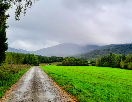 Country road over the Bieszczady Mountains. Storm is coming. South of Poland.の写真素材