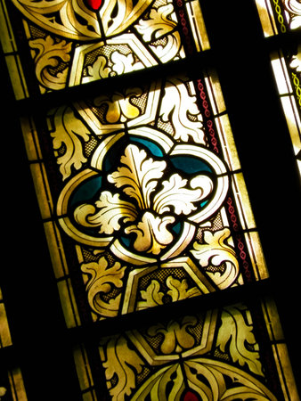 Stained glass as architecture background. Arch-see in Frombork. Art background. St. Andrew in...