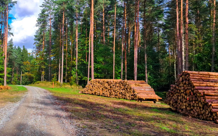 Cut wood piles in forest. Agriculture and environmental conservation.