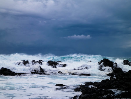 Stormy weather over beach on Sao Miguel. Azores.の写真素材