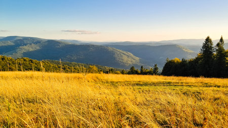 Sunny day over Beskids in Poland.
