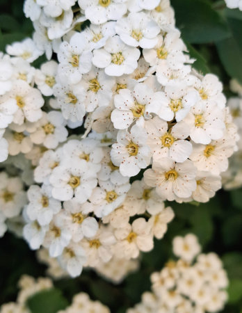 Close up of white spiraea flowers in bloom. Natural Background.