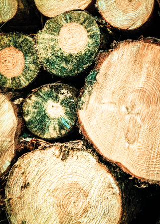 Close up of chopped logs of wood as a natural background. Copy space.の写真素材