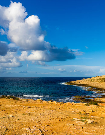Desert, coastal area on Malta. Marfa Peninsula. Mediterranean sea.の写真素材