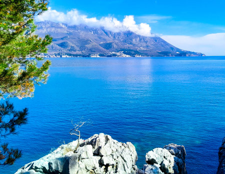 seascape from cliffs in Zvala. Touristic natural spot in Montenegro.の写真素材