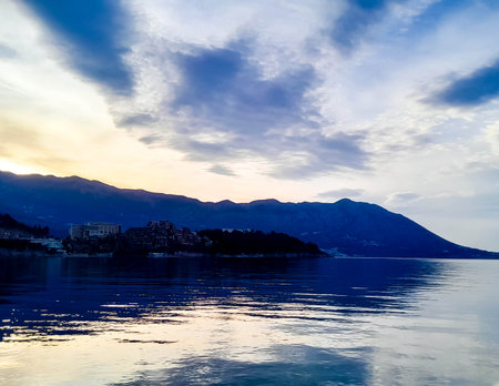 Sveti Nicola Island near Budva in Montenegro at early morning. Beautiful Adriatic Sea.の写真素材