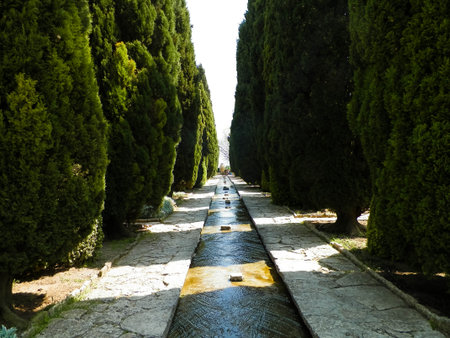 Avenue and stream in the gardens of the Balchik Palace, Dobrich province, Bulgaria.の写真素材