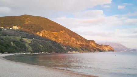 Jaz Beach near Budva at evening. Early spring.の写真素材