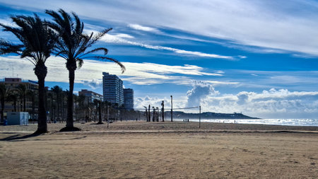 Windy day over the beach. Alicante after season. Beauty of nature.