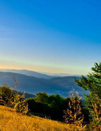 Stunning view from Szyndzielnia Peak at afternoon. Beskid Mountains.