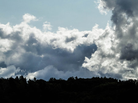 Cloudy sky over the forest. Summer stormy weather concept. Abstract filter toned.