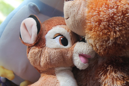 Bear and fawn toy sitting by the window in shadowsの写真素材