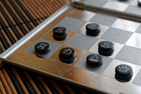 Photo with a picture of a chess steel Board and chess pieces, Metal chess pieces on a chess Board...