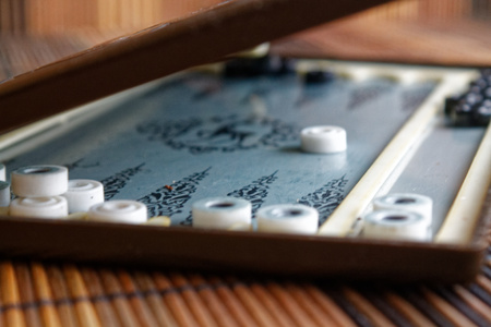 Backgammon opened, mini table game for journeyの写真素材