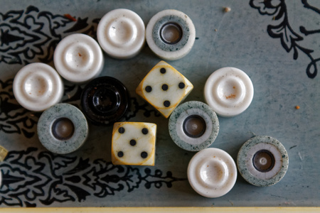 Backgammon opened, mini table game for journey, top view