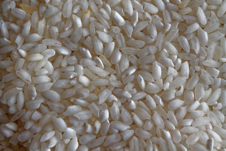 Rice organic texture, Asian uncooked short milled rice as background . The concept of proper nutrition and healthy lifestyle. Top view, close-up as background or textureの写真素材
